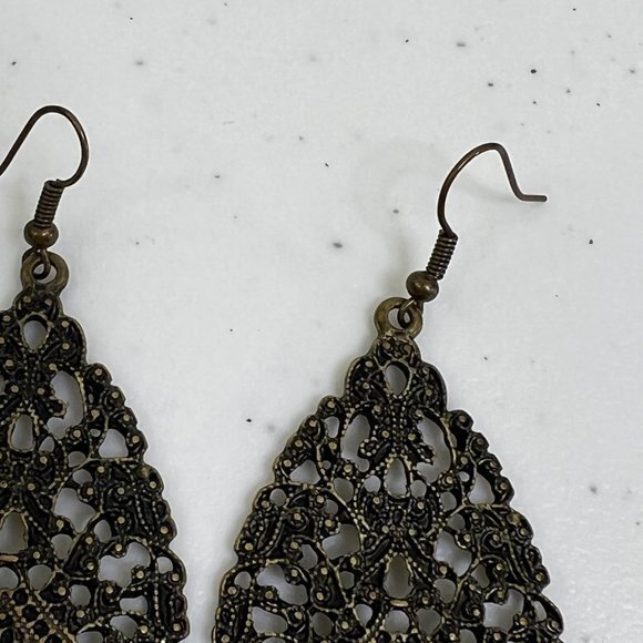 Teardrop Earrings Gold Tone Filigree Laser Cut Out Boho Tribal Statement Big Use - Picture 4 of 6